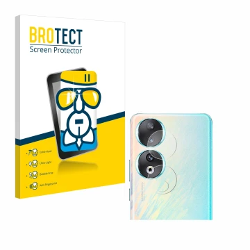 Front side of a product packaging with the brand logo BROTECT. Next to it is the device Honor 90 (ONLY Camera Lens) shown with