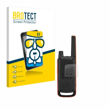 Front side of a product packaging with the brand logo BROTECT. Next to it is the device Motorola Talkabout T82 shown with the 