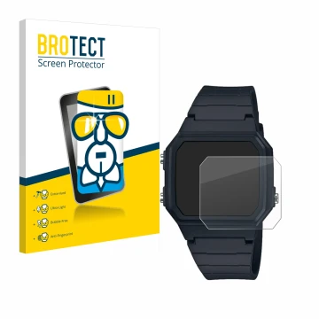 Front side of a product packaging with the brand logo BROTECT. Next to it is the device Casio W-217H-1AVCF shown with the corr