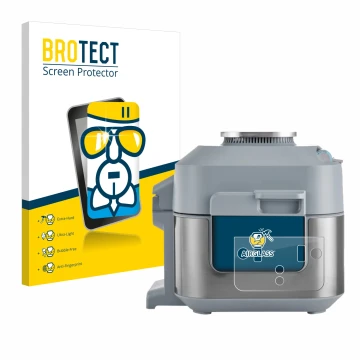 Front side of a product packaging with the brand logo BROTECT. Next to it is the device Ninja Speedi Rapid Cooking System show