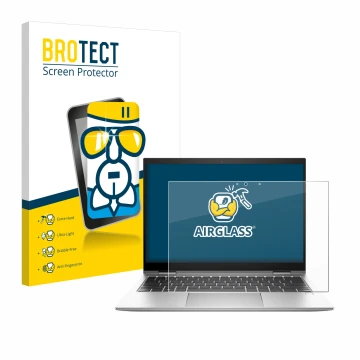 Front side of a product packaging with the brand logo BROTECT. Next to it is the device HP EliteBook x360 830 G10 shown with t