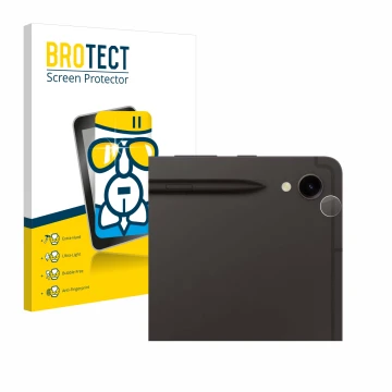 Front side of a product packaging with the brand logo BROTECT. Next to it is the device Samsung Galaxy Tab S9 WiFi (ONLY Camer
