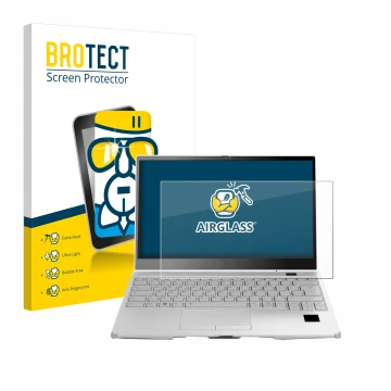 Front side of a product packaging with the brand logo BROTECT. Next to it is the device Fujitsu Lifebook U9313X shown with the