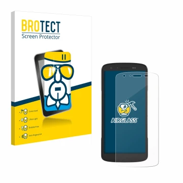 Front side of a product packaging with the brand logo BROTECT. Next to it is the device Zebra TC22 shown with the correspondin