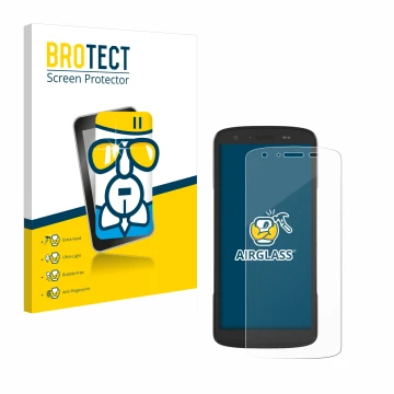 Front side of a product packaging with the brand logo BROTECT. Next to it is the device Zebra TC27 shown with the correspondin