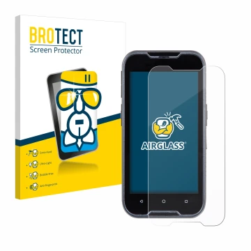 Front side of a product packaging with the brand logo BROTECT. Next to it is the device Datalogic Memor 11 shown with the corr