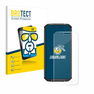 Front side of a product packaging with the brand logo BROTECT. Next to it is the device Oukitel WP18 shown with the correspond