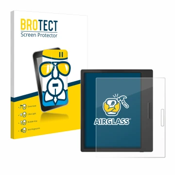 Front side of a product packaging with the brand logo BROTECT. Next to it is the device Boox Page shown with the corresponding