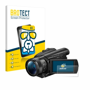 Front side of a product packaging with the brand logo BROTECT. Next to it is the device Sony FDR-AX700 shown with the correspo