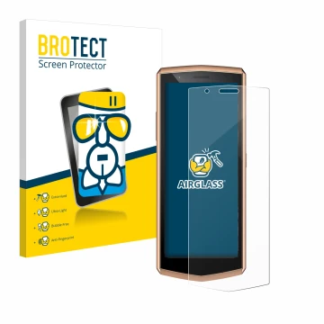 Front side of a product packaging with the brand logo BROTECT. Next to it is the device Cubot Pocket 3 shown with the correspo