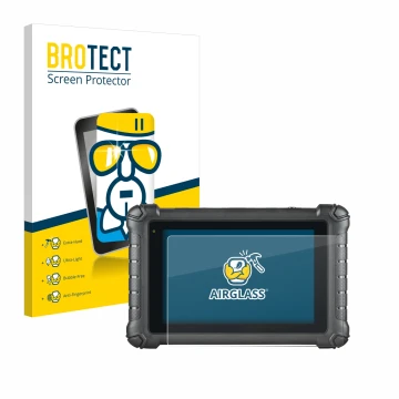 Front side of a product packaging with the brand logo BROTECT. Next to it is the device Autel MaxiDAS DS900 shown with the cor