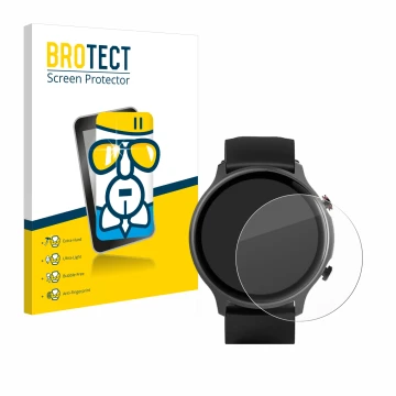 Front side of a product packaging with the brand logo BROTECT. Next to it is the device Hama Fit Watch 6910 shown with the cor