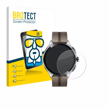 Front side of a product packaging with the brand logo BROTECT. Next to it is the device Xiaomi Watch 2 Pro shown with the corr