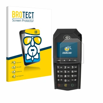 Front side of a product packaging with the brand logo BROTECT. Next to it is the device ingenico Lane/3000 (non-touch) shown w
