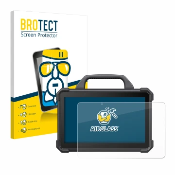 Front side of a product packaging with the brand logo BROTECT. Next to it is the device Launch X-431 Tab VII (Tab 7) Elite sho