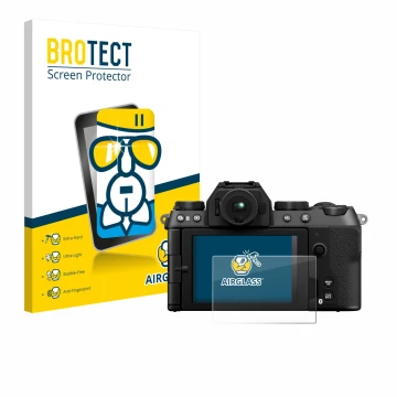 Front side of a product packaging with the brand logo BROTECT. Next to it is the device Fujifilm X-S20 shown with the correspo