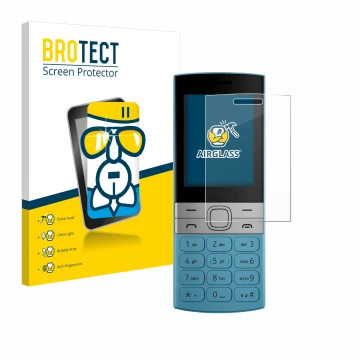 Front side of a product packaging with the brand logo BROTECT. Next to it is the device Nokia 150 (2023) shown with the corres