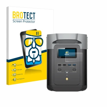 Front side of a product packaging with the brand logo BROTECT. Next to it is the device EcoFlow DELTA 2 shown with the corresp