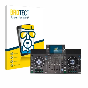 Front side of a product packaging with the brand logo BROTECT. Next to it is the device Denon DJ SC LIVE 4 shown with the corr