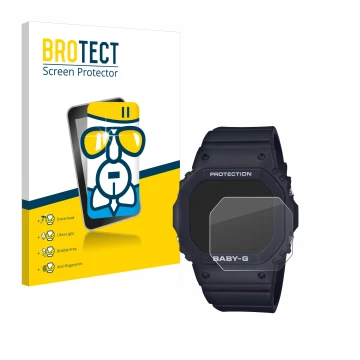 Front side of a product packaging with the brand logo BROTECT. Next to it is the device Casio Baby-G BGD-565 shown with the co