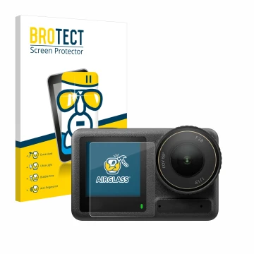 Front side of a product packaging with the brand logo BROTECT. Next to it is the device DJI Osmo Action 4 (Front display) show