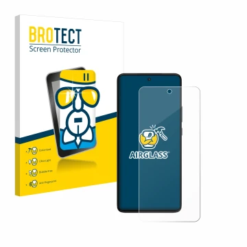 Front side of a product packaging with the brand logo BROTECT. Next to it is the device Motorola Moto G84 shown with the corre