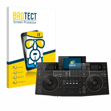 Front side of a product packaging with the brand logo BROTECT. Next to it is the device Pioneer OPUS-QUAD shown with the corre