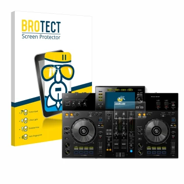 Front side of a product packaging with the brand logo BROTECT. Next to it is the device Pioneer XDJ -RR shown with the corresp
