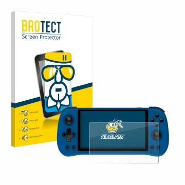 Front side of a product packaging with the brand logo BROTECT. Next to it is the device Powkiddy X55 shown with the correspond