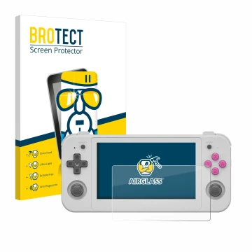 Front side of a product packaging with the brand logo BROTECT. Next to it is the device Anbernic RG505 shown with the correspo