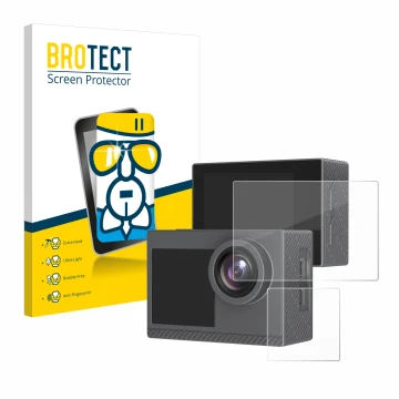 Front side of a product packaging with the brand logo BROTECT. Next to it is the device Akaso Brave 4 Pro shown with the corre