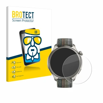 Front side of a product packaging with the brand logo BROTECT. Next to it is the device Huami Amazfit Balance shown with the c