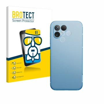 Front side of a product packaging with the brand logo BROTECT. Next to it is the device Fairphone 5 (ONLY Camera Lens) shown w