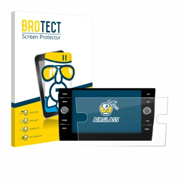 Front side of a product packaging with the brand logo BROTECT. Next to it is the device Volkswagen Taigo Discover Media 8” 202