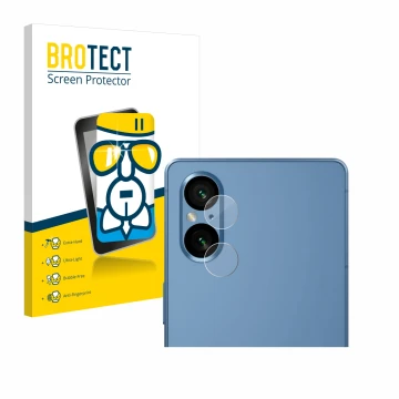 Front side of a product packaging with the brand logo BROTECT. Next to it is the device Sony Xperia 5 V (ONLY Camera Lens) sho