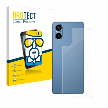Front side of a product packaging with the brand logo BROTECT. Next to it is the device Sony Xperia 5 V (Back) shown with the 