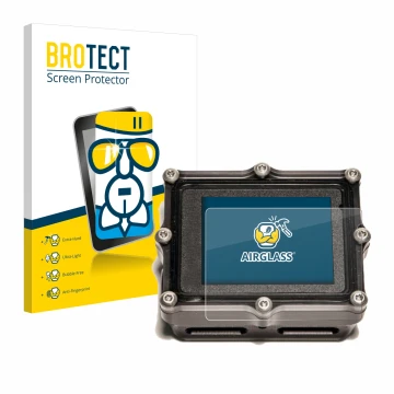 Front side of a product packaging with the brand logo BROTECT. Next to it is the device Shearwater Petrel 2 dive computer show
