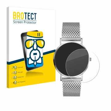 Front side of a product packaging with the brand logo BROTECT. Next to it is the device Liebeskind New Case Mesh (34 mm) shown