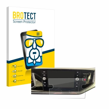 Front side of a product packaging with the brand logo BROTECT. Next to it is the device Volkswagen Polo VI Ready 2 Discover 8