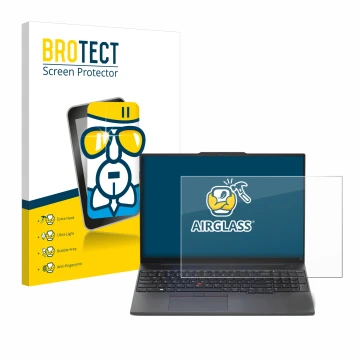Front side of a product packaging with the brand logo BROTECT. Next to it is the device Lenovo ThinkPad E16 Gen 1 shown with t