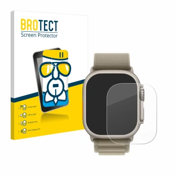 Front side of a product packaging with the brand logo BROTECT. Next to it is the device Apple Watch Ultra 2 (49 mm) shown with