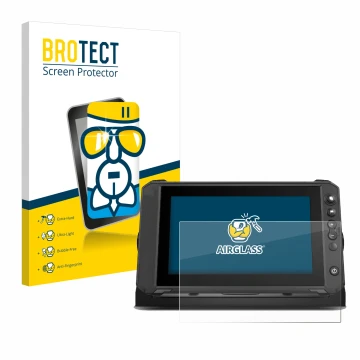 Front side of a product packaging with the brand logo BROTECT. Next to it is the device Lowrance Elite FS 9 shown with the cor