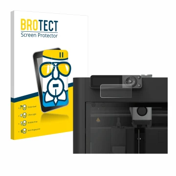 Front side of a product packaging with the brand logo BROTECT. Next to it is the device Bambu Lab P1S 3D Printer shown with th
