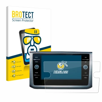 Front side of a product packaging with the brand logo BROTECT. Next to it is the device Volkswagen Passat B8 Discover Media 8