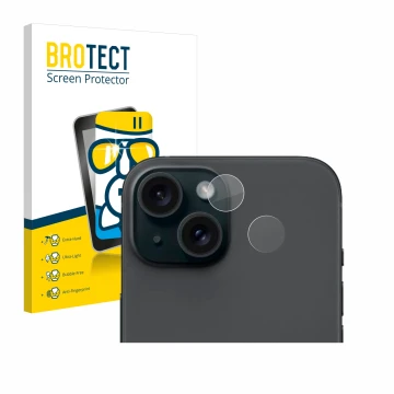 Front side of a product packaging with the brand logo BROTECT. Next to it is the device Apple iPhone 15 (ONLY Camera Lens) sho