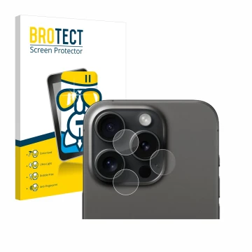 Front side of a product packaging with the brand logo BROTECT. Next to it is the device Apple iPhone 15 Pro (ONLY Camera Lens)