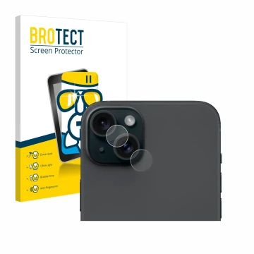 Front side of a product packaging with the brand logo BROTECT. Next to it is the device Apple iPhone 15 Plus (ONLY Camera Lens