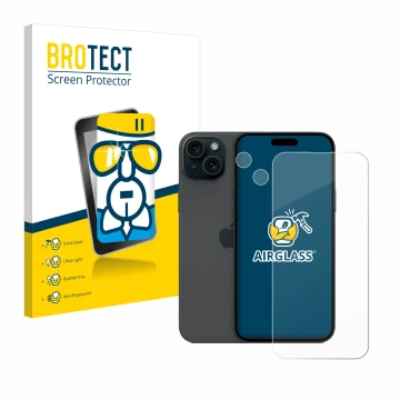 Front side of a product packaging with the brand logo BROTECT. Next to it is the device Apple iPhone 15 Plus (Front+Camera) sh