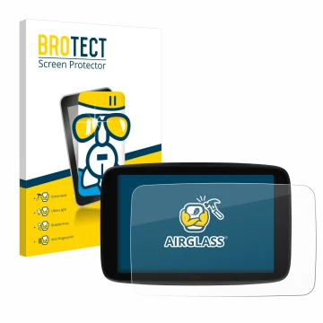 Front side of a product packaging with the brand logo BROTECT. Next to it is the device TomTom GO Superior 7