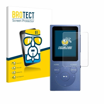 Front side of a product packaging with the brand logo BROTECT. Next to it is the device Sony Walkman NW-E394 shown with the co